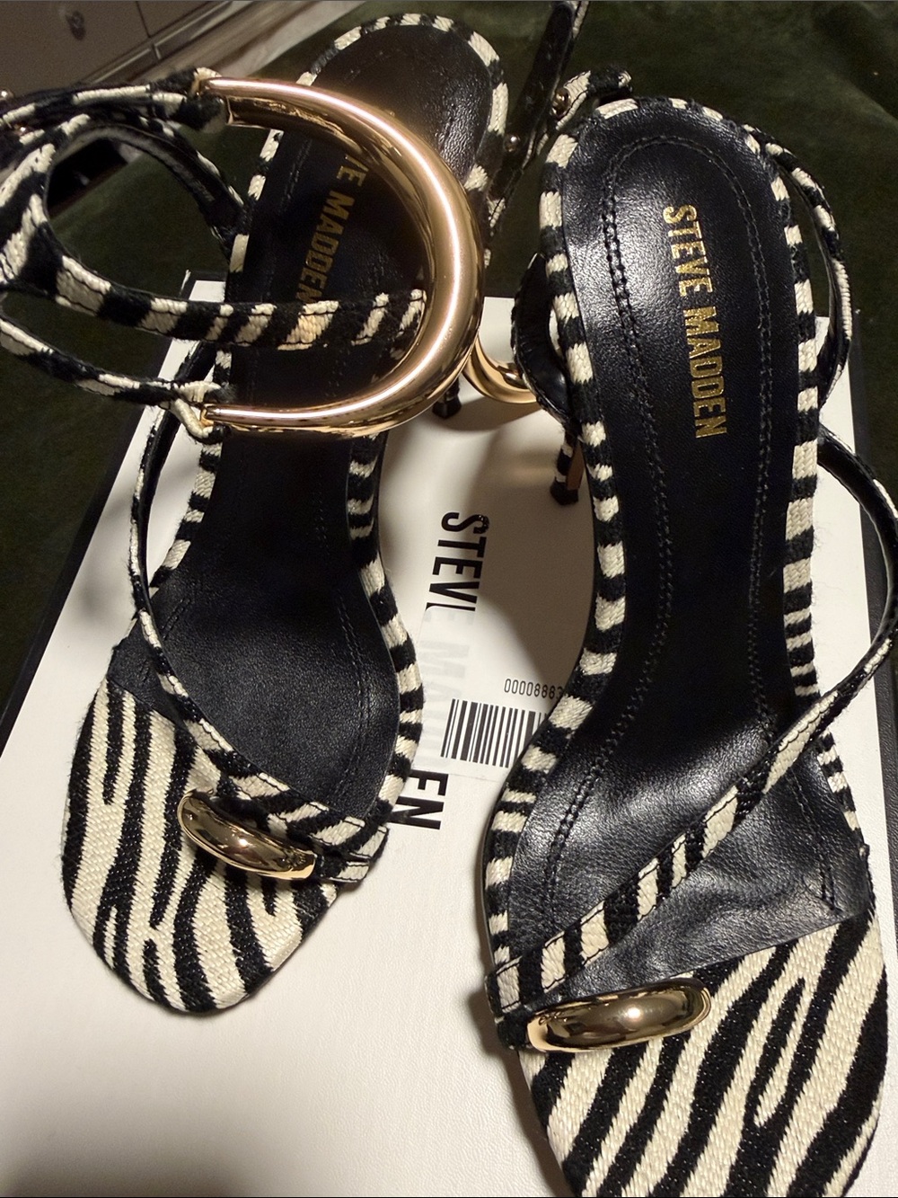 Steve Madden Zebra-Print Ankle Strap Heels with Gold Buckles